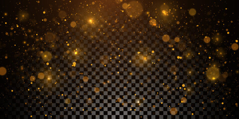 Sparkling golden particles, glowing bokeh lights isolated on dark transparent background	