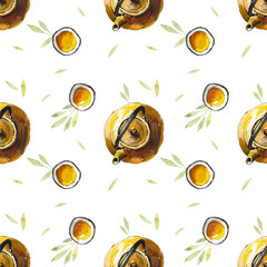 Seamless pattern. Tea time. Asian traditions. Watercolor hand drawn illustration.