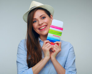 smiling woman isolated portrait with passport.