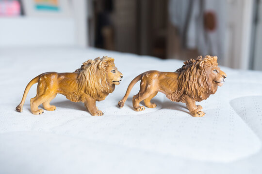 Beautiful miniature lions made of rubber or plastic. Perfect for children to play with. Magnificent mane. Blurred background.