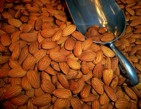 Almonds or badam in market background. Raw fresh almond nuts & metal scoop in supermarket. Organic almond badam nuts heap pattern background. Nuts badam (badaam) pile texture flat lay, snack top view
