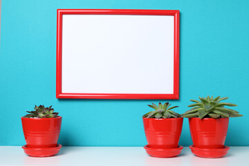 Mock up poster in the interior. White empty canvas with red border isolated on white background with copy space