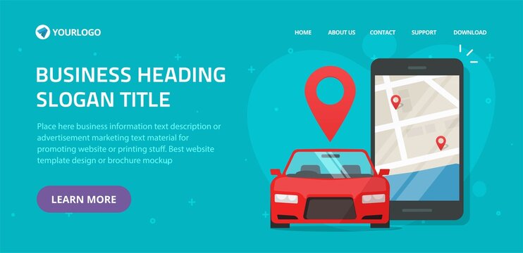 Car sharing rental via mobile phone service online website template layout design or car sharing club for automobile rent web site landing page vector flat illustration, internet taxi cab banner