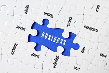 Business concept. White puzzle pieces with different phrases on blue background, top view