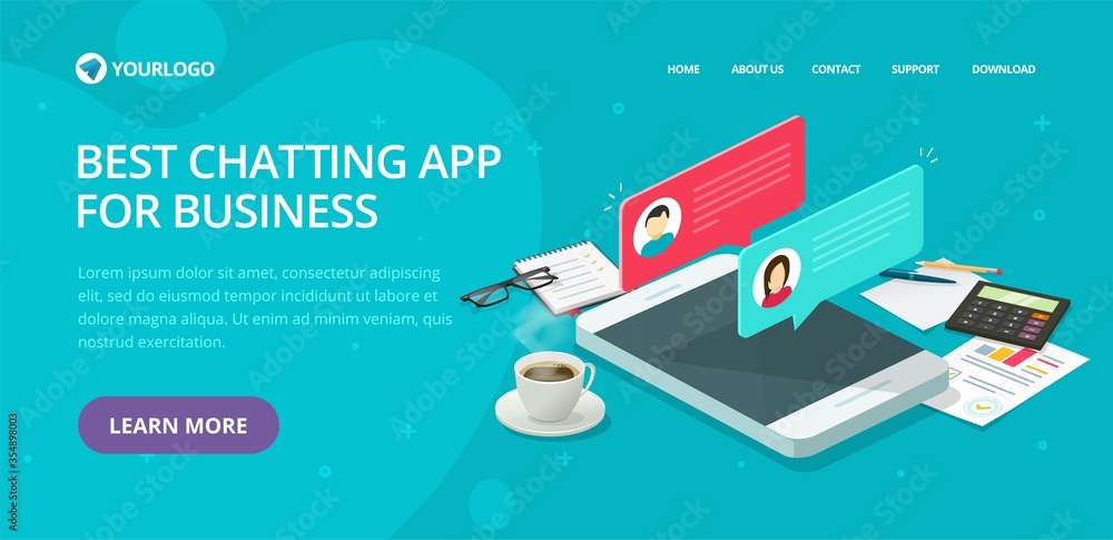 Poster chat text messaging app website template design vector layout or mockup, flat cartoon web site landi