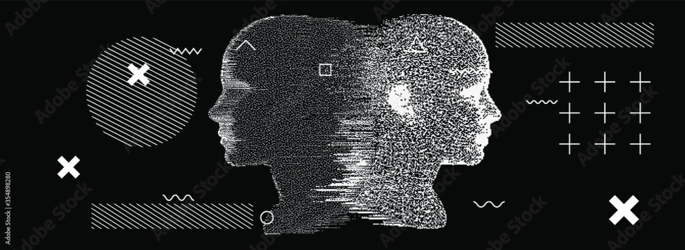 Aufkleber Silhouette of a human head. Conceptual image of AI (artificial intelligence), VR (virtual reality), Deep Learning  and Face recognition systems. Cyberpunk style vector illustration.