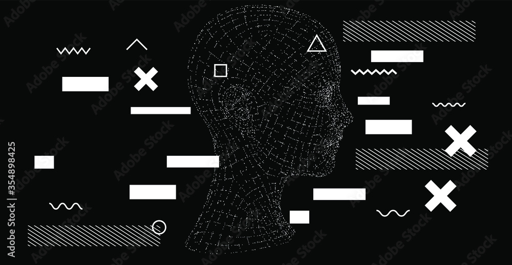 Aufkleber Silhouette of a human head. Conceptual image of AI (artificial intelligence), VR (virtual reality), Deep Learning  and Face recognition systems. Cyberpunk style vector illustration.