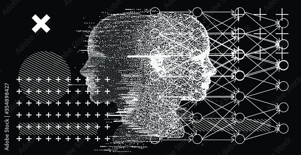 Poster Silhouette of a human head. Conceptual image of AI (artificial intelligence), VR (virtual reality), Deep Learning  and Face recognition systems. Cyberpunk style vector illustration.