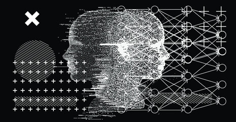 Silhouette of a human head. Conceptual image of AI (artificial intelligence), VR (virtual reality), Deep Learning  and Face recognition systems. Cyberpunk style vector illustration. © local_doctor
