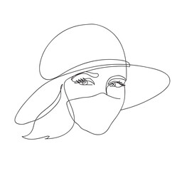 Abstract woman face.Young attractive girl in a mask and hat. Concept fashion summer 2020. Black and white hand drawn line art. Outline vector illustration