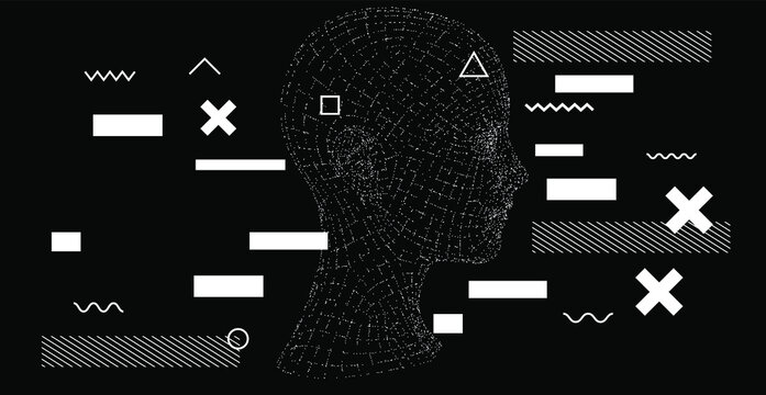 Silhouette of a human head. Conceptual image of AI (artificial intelligence), VR (virtual reality), Deep Learning  and Face recognition systems. Cyberpunk style vector illustration.