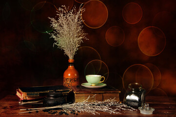Horizontal Still Life of Books and Coffee