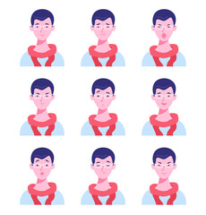 Set of male avatars with different emotions. Young man in glasses with different facial expressions isolated on a white background. Flat style vector illustration.