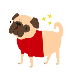 Vector illustration of a cartoon dog in a red sweater. On a white background with stars