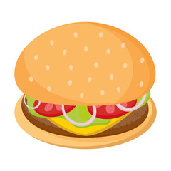 Vector Realistic Hamburger. Classic American Cheeseburger with Lettuce Tomato Onion Cheese and  Meat. Fast Food. Icon Hamburger. Vector flat cartoon style illustration. 