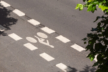 France, Boulogne Billancourt, Paris District, a cyclist lane shown from above. 