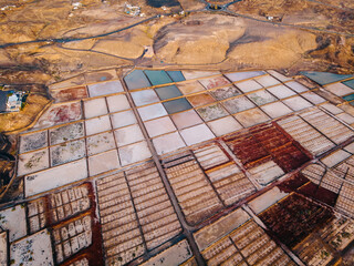 Abstract aerial view of salt ponds in salt production. Lanzarote, Spain.