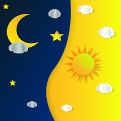 Sun, moon and stars. Day and night vector banners isolated.