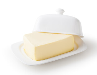 Fresh butter on white butter dish isolated on white background with clipping path