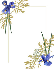 Fototapeta na wymiar Frame of iris flowers with foliage. Isolated watercolor illustration.
