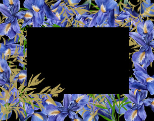 Frame of iris flowers with foliage. Isolated watercolor illustration.