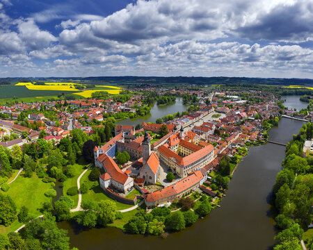 Panorama of Telc. Telc is a town in southern Moravia in the Czech Republic. Telc Castle and city reflected in lake. The historic center of Telc is a UNESCO World Heritage Site