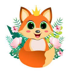 Cute cartoon fox with a crown and vegetation on a white background. Vector illustration in cartoon style