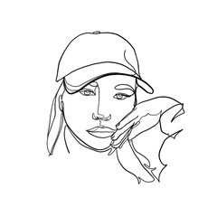 Linear glamour logo in minimal style of girl in baseball cap. Sportswear. Headdress in sporty style. Beautiful simple portrait of female face. One continuous line. Design for fashion shop, stylist. 