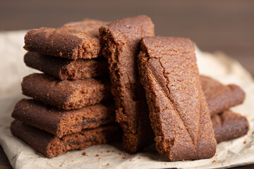 Chocolate cookies on wooden table.Homemade cookies closeup