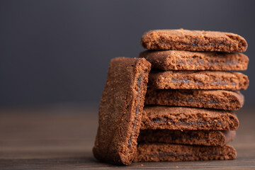 Chocolate cookies on wooden table.Homemade cookies closeup