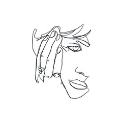 Linear glamour woman in minimal style with ring. Promotion logo design for jewelry. Linear female beauty simple face. Continuous line. 