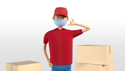 3D illustration of delivery guy communication parcel box with medical mask. Red uniform deliveryman deliver express shipment. Shipping service during quarantine pandemic coronavirus virus 2019-ncov