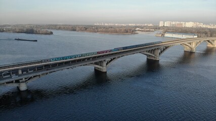 Fototapeta na wymiar Metro bridge Kiev Dnipro river drone