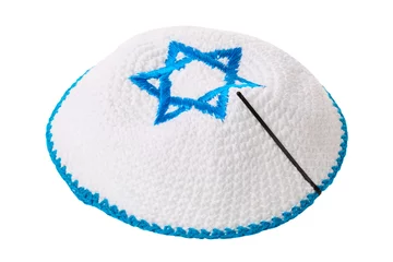 Foto op Canvas Traditional jewish headwear with star of David isolated on white background © Nikolay N. Antonov