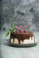 Homemade chocolate cake with peanut butter cream layers