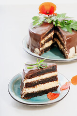 Homemade chocolate cake with peanut butter cream layers