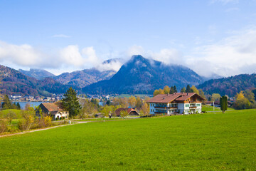 Fototapeta na wymiar Fuschl town and Lake Fuschlsee are located in the Salzkammergut, Austria. 