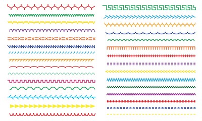 Stitched borders set. Multicolored illustration of sewing machine seams and embroidery sews stitch
