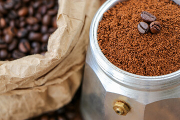 ground coffee and coffee beans