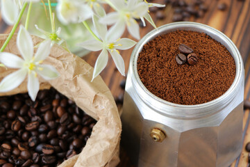ground coffee and coffee beans