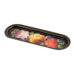 narrow black tray painted in the Russian style on a white background