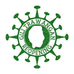 Gili Trawangan Reopening Stamp. Green round badge of island with map of Gili Trawangan. Island opening after lockdown. Vector illustration.