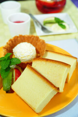 Chiffon Cake With Ice Cream On The Plate