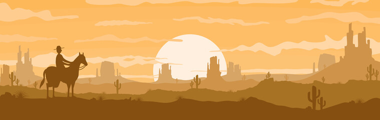 Vector illustration of sunset desert panoramic view with mountain, cowboy and cactus in flat cartoon style.