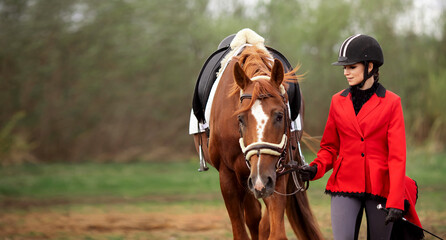 Equestrian sport, young woman jockey is riding brown horse