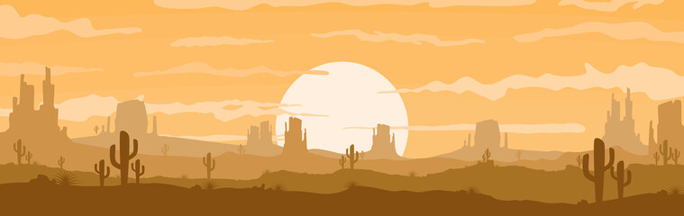 Vector illustration of sunset desert panoramic view with mountain and cactus in flat cartoon style.