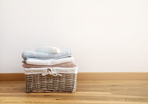 Wicker Laundry Basket With Clean Bath Towels