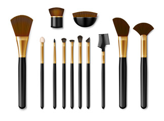 Set of Professional golden make up brushes isolated. Realistic cosmetic Powder Blush, Eye Shadow, Brush, eye shadow, foundation. Vector illustration