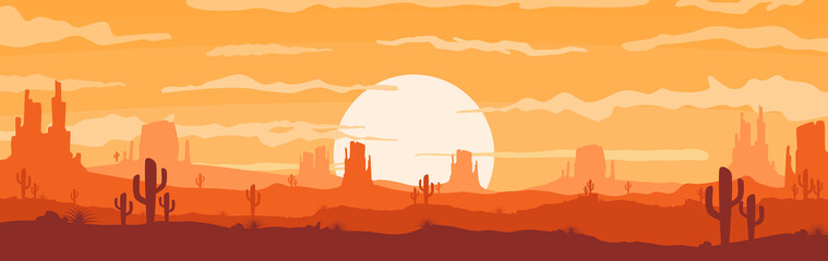 Vector illustration of sunset desert panoramic view with mountain and cactus in flat cartoon style.