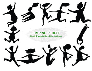 Hand drawn vector illustration of  jumping people. Silhouette of activity, freedom, healthy lifestyle. Isolated black elements for cards, posters, stickers and design. Jumping set
